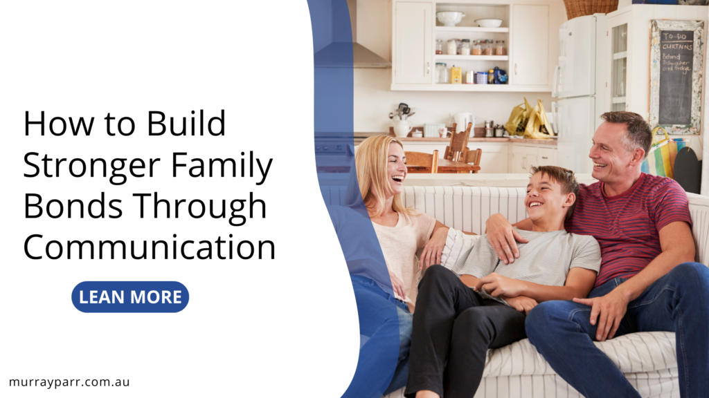 Family members sitting together, smiling, and engaging in open communication.

